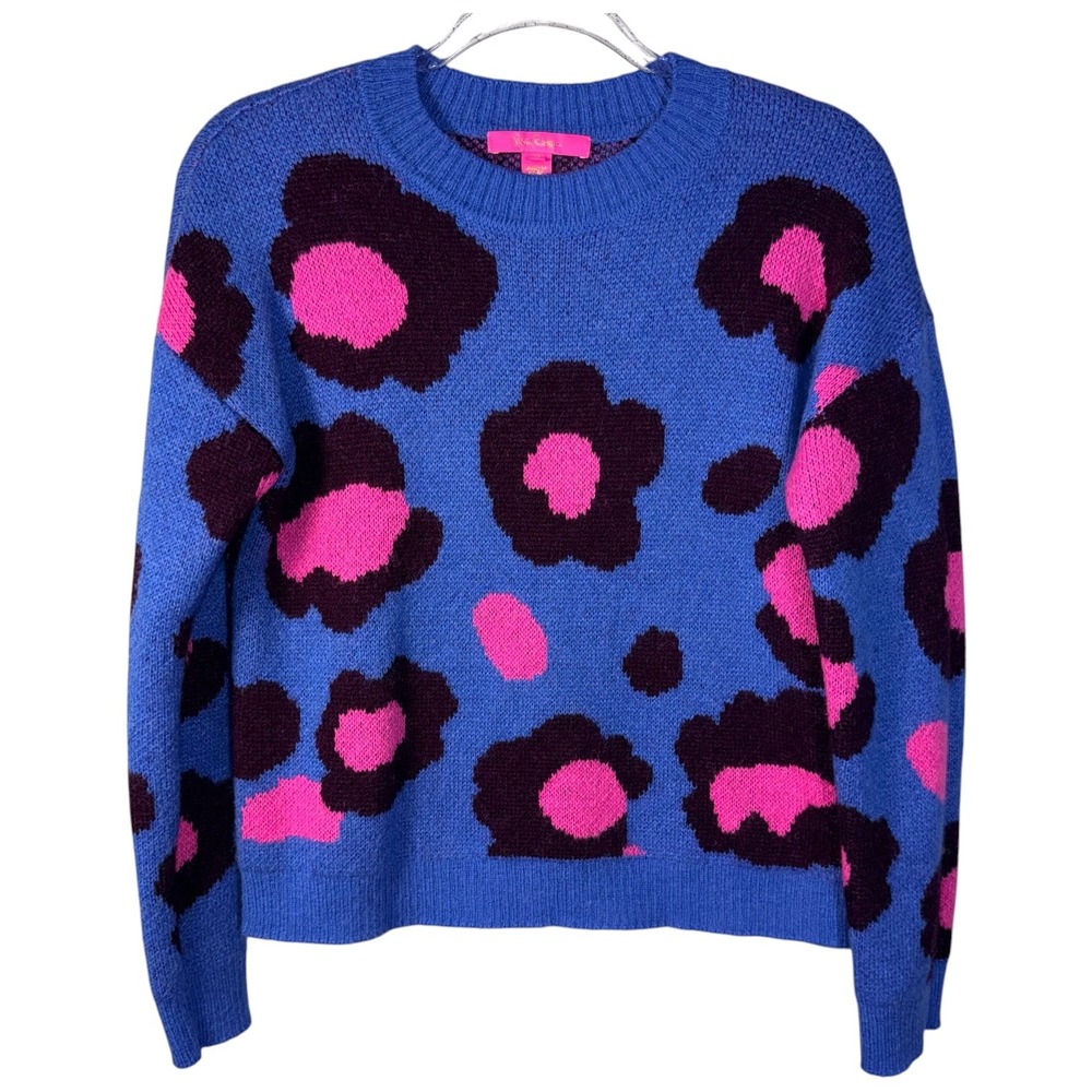 Lilly Pulitzer Womens Size Medium Blue Sweater Pink Flowers Wool Blend